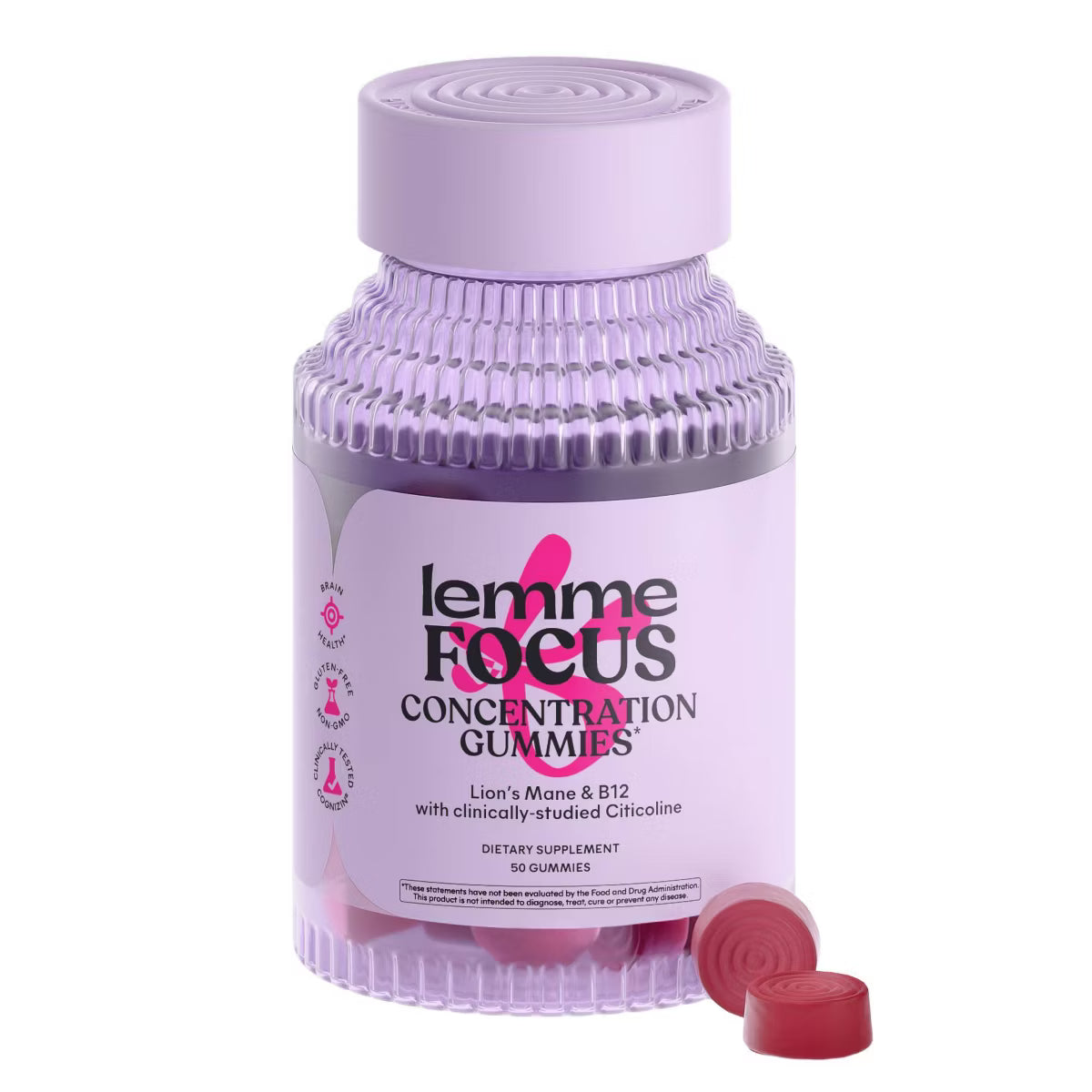 Lemme Focus Gummies - Brain Health & Concentration Support - Cognizin, B12 & Lion’s Mane - Strawberry Flavored - 50ct